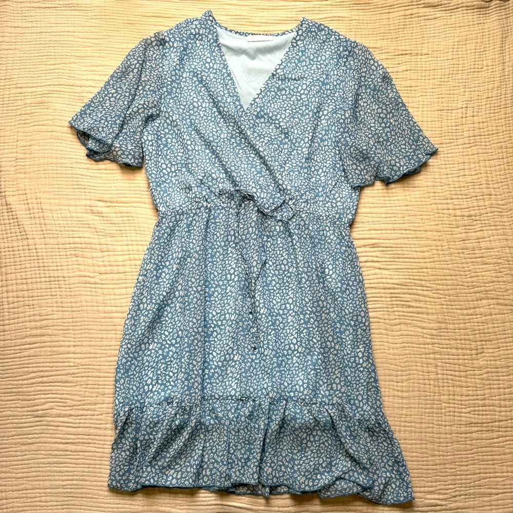 Kirundo Flutter Sleeve Animal Print Faux Wrap Ruffled Mini Dress Chiffon Large